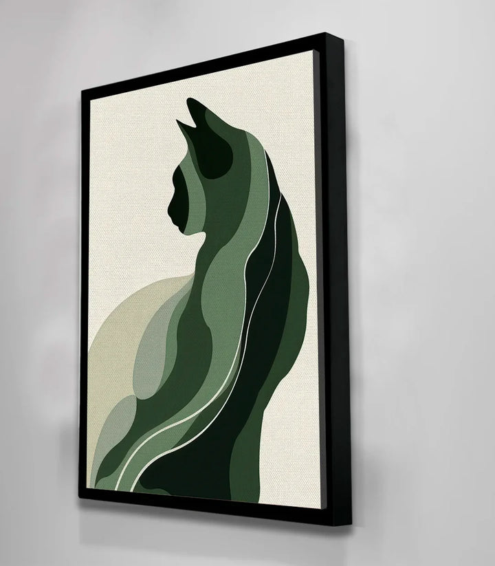 Cuadro silueta gato verde — composición felina vertical estilo contemporáneo
