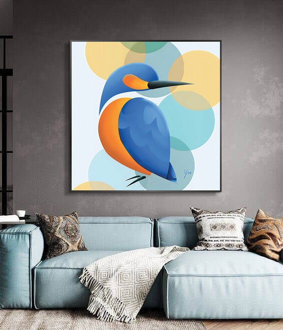 Detalle de ilustración Bluebird — cuadro pájaro minimalista en tonos azul y naranja — Massinart