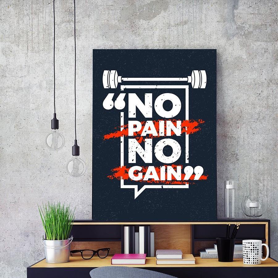 Cuadro No Pain No Gain — lámina tipografía fitness con pesa, en negro, blanco y rojo