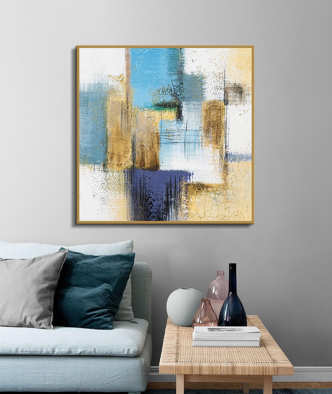 Cuadro abstracto Flowing en interior de salón contemporáneo con decoración minimalista Massinart