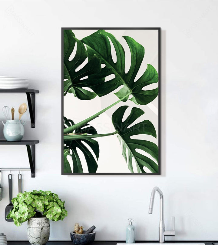 Cuadro botánico Monstera en un salón moderno — decoración de pared con plantas Massinart