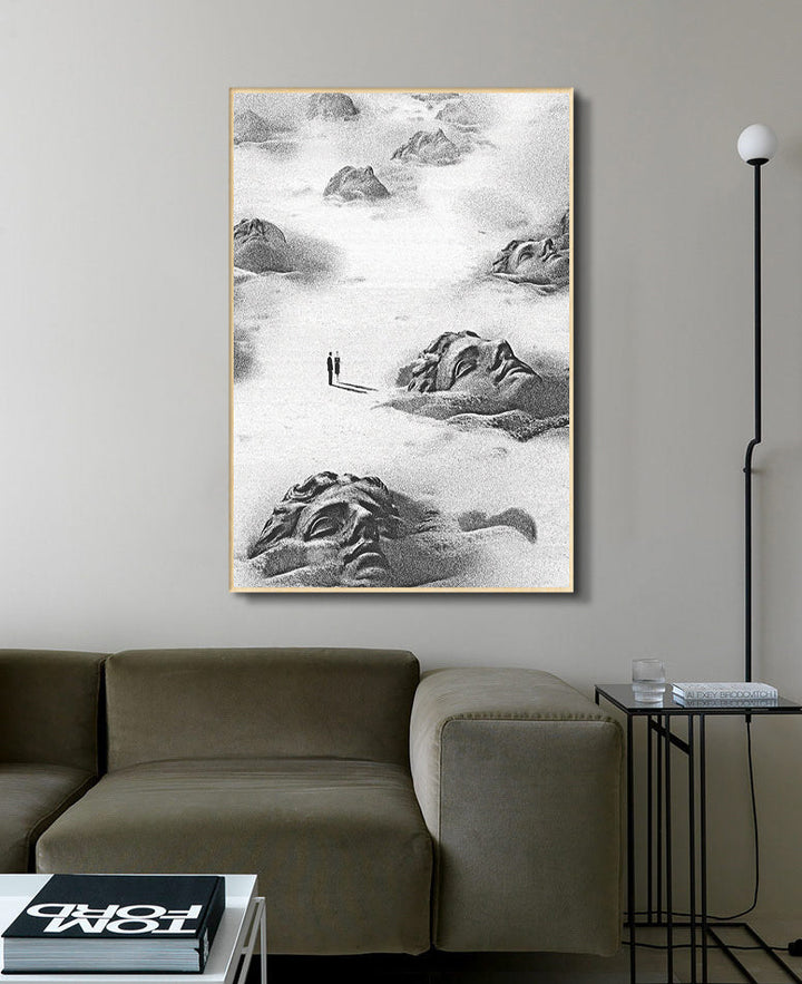 Cuadro Ozymandias Massinart — ambiente minimalista en pasillo con paisaje desértico