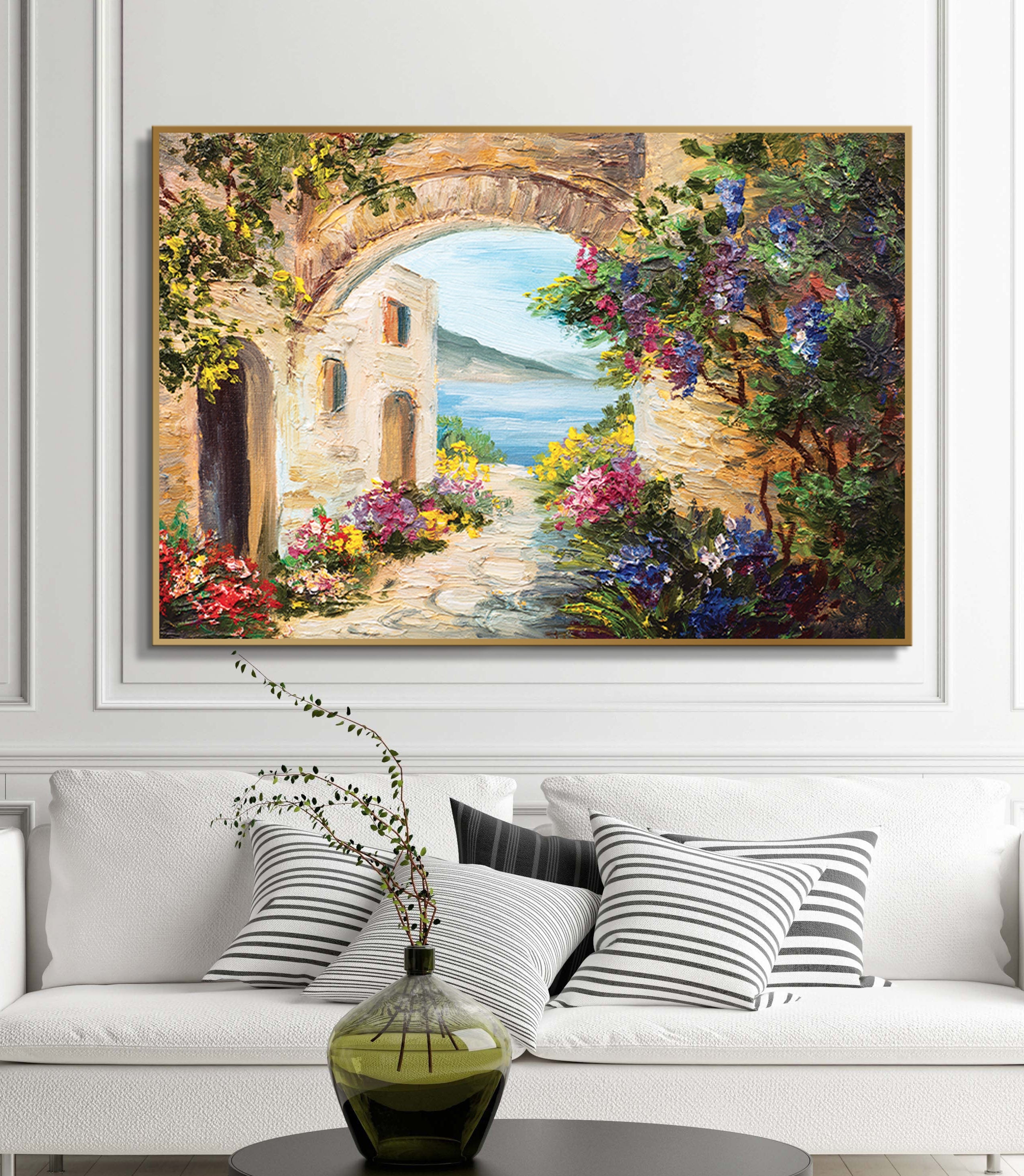 Cuadro Magic Sea Gardens — paisaje costero con flores de colores y arquitectura griega
