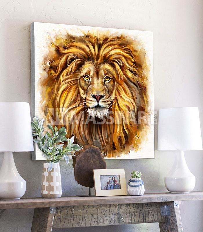Cuadro decorativo León Majestuoso en tonos dorados y marrones — arte mural para salón, Massinart