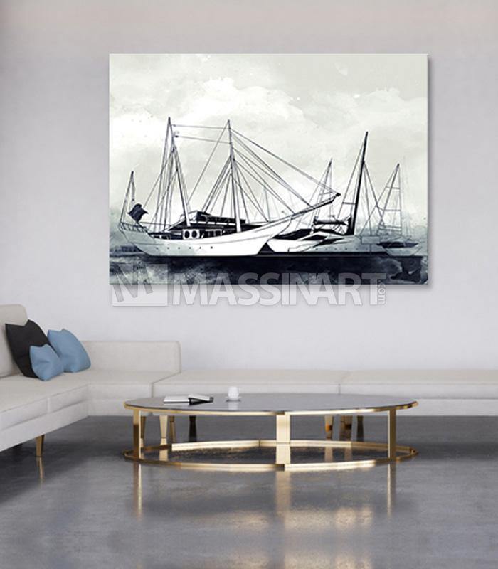 Cuadro decorativo Boat in Black & White — paisaje marítimo minimalista en blanco y negro, ideal para salón moderno — Massinart