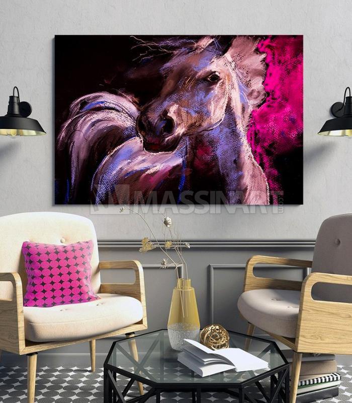 Cuadro de caballo al galope en rosa y violeta, arte expresivo sobre lienzo para decoración de salón