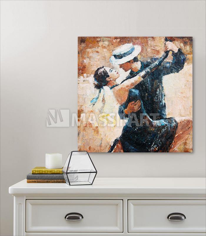Cuadro decorativo de tango, pareja abrazada en la danza, tonos ocre y marrón, arte mural para salón