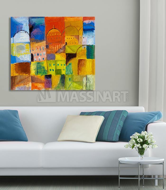 Cuadro Colorful Domes — composición abstracta geométrica de cúpulas marroquíes en azul, verde, rojo y amarillo, arte mural para salón moderno