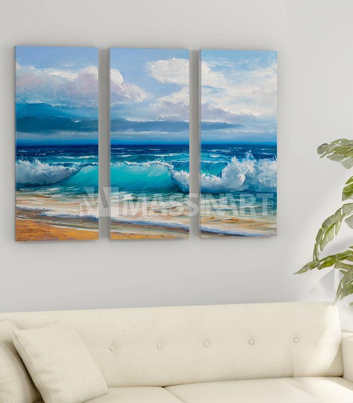 Cuadro tríptico Sea Waves con olas del mar en azules y tonos terrosos — decoración mural moderna para salón