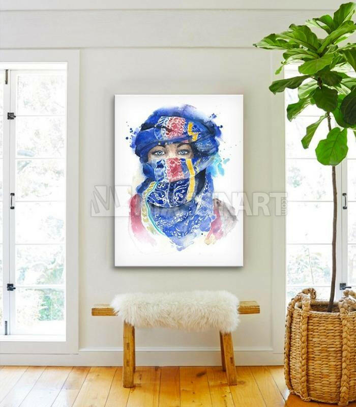 Cuadro Tuareg Girl Watercolor — retrato de mujer tuareg con velo azul en acuarela, decoración pared Massinart