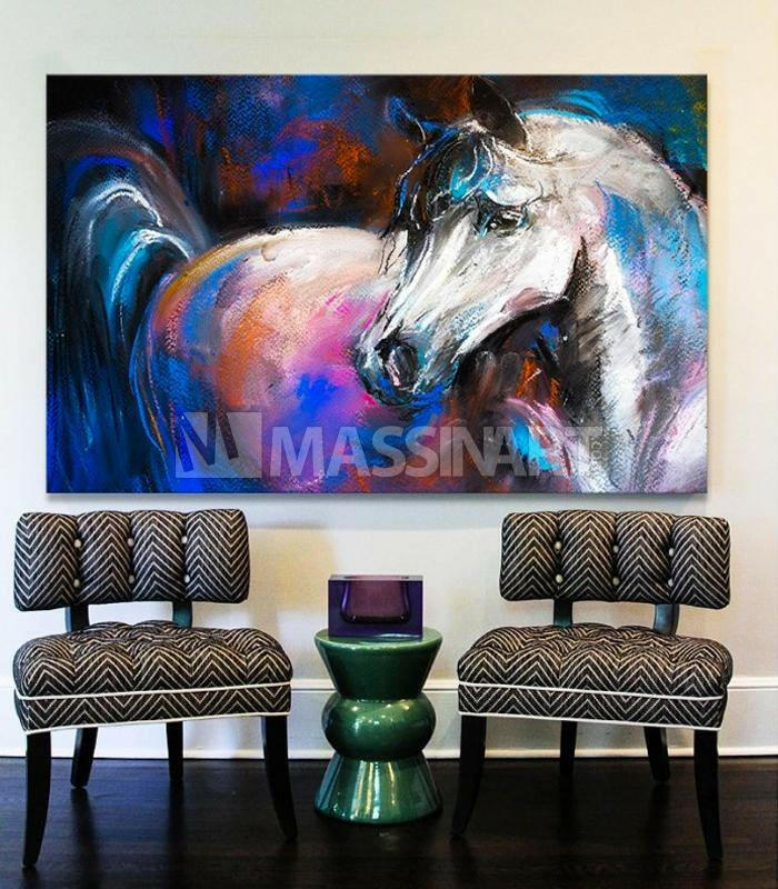 Cuadro Caballo nocturno — caballo blanco expresionista en tonos azul y púrpura, decoración salón moderno, Massinart