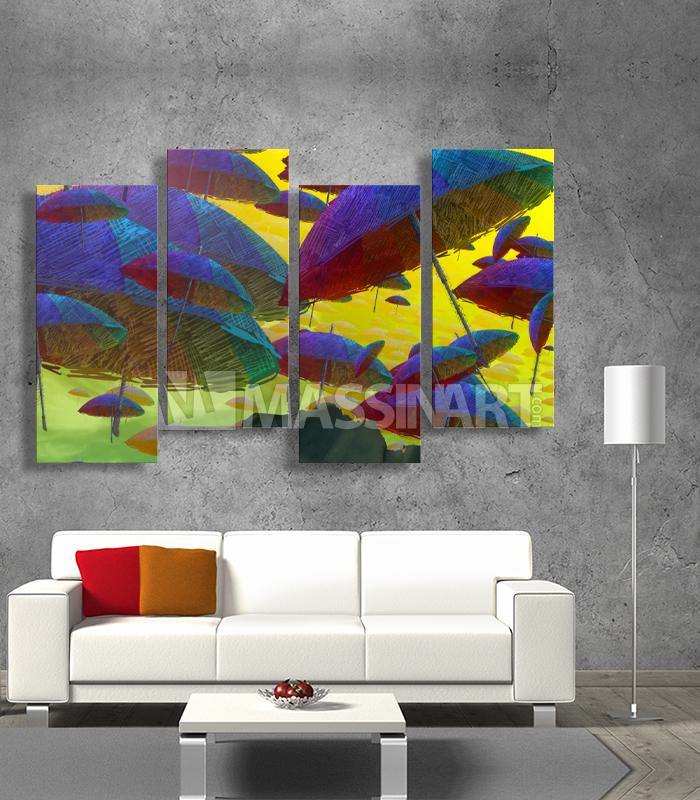 Cuadro abstracto Flying Umbrellas con paraguas de colores azul, amarillo, rojo y verde — Massinart