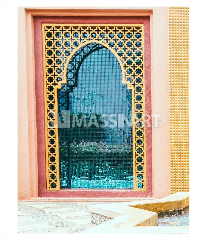 Cuadro Fuente de vida en salón moderno con decoración oriental, tríptico mural terracota, Massinart