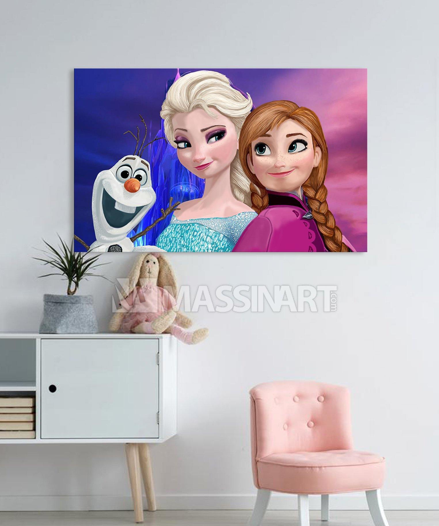 Cuadro Frozen Massinart — Elsa, Anna y Olaf sobre fondo degradado azul y rosa