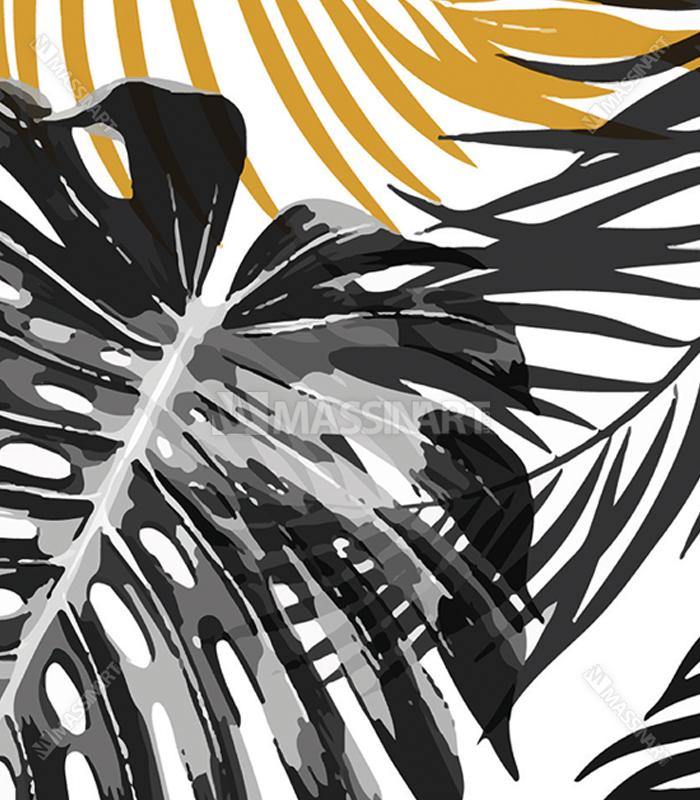 Detalle del tríptico botánico Golden and Black Leaves en negro y dorado, decoración de pared salón contemporáneo Massinart