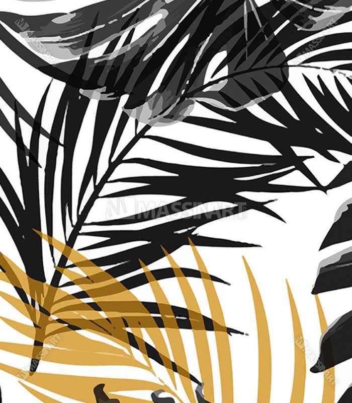 Cuadro tríptico hojas doradas y negras sobre sofá gris en salón moderno, decoración mural Massinart
