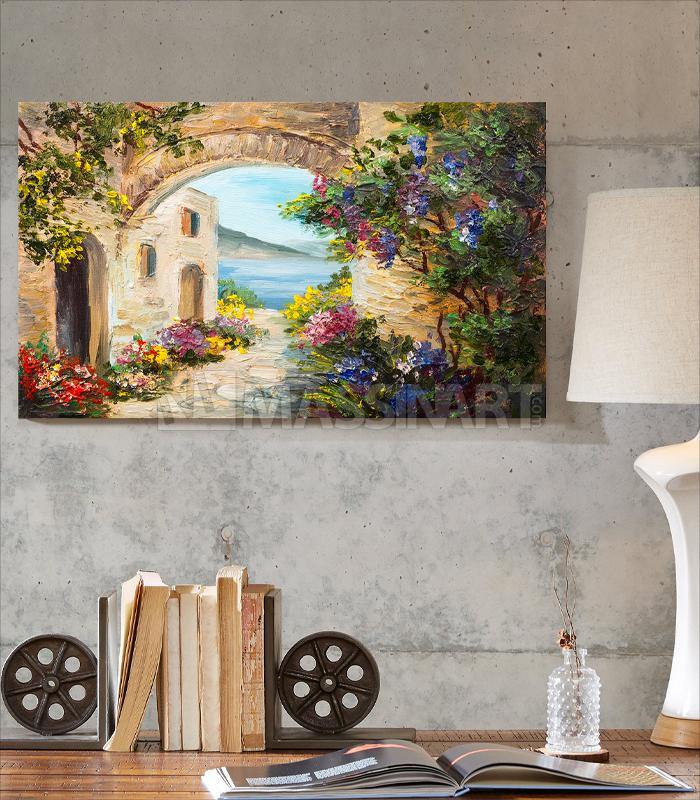 Cuadro Magic Sea Gardens — arco floreado con vistas al mar mediterráneo, arte decorativo