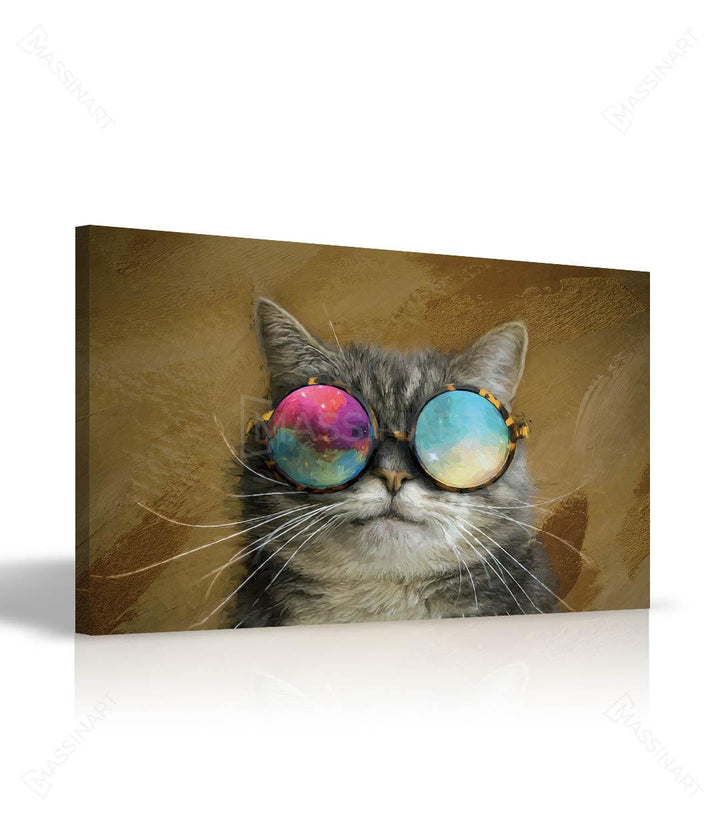 Cuadro gato estilizado con gafas psicodélicas, lámina mural pop-art para decoración de pared