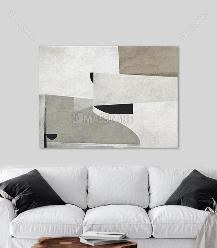 Cuadro Sombras minimalista abstracto, formas geométricas en negro, blanco y tonos gris beige — Massinart
