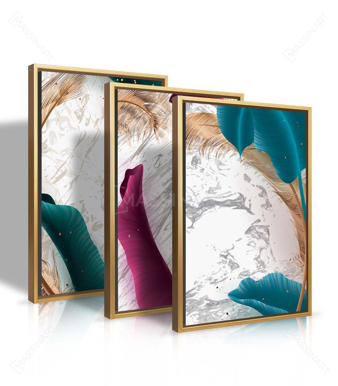 Tríptico plumas de colores en salón moderno — decoración de pared — Massinart
