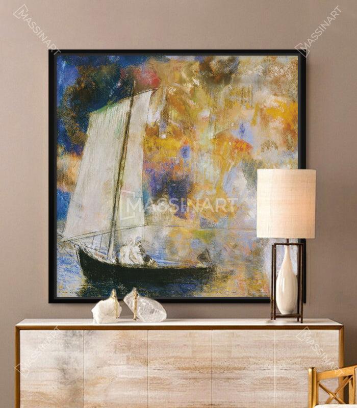 Cuadro abstracto velero Massinart — barco de vela blanco sobre fondo impresionista azul y dorado
