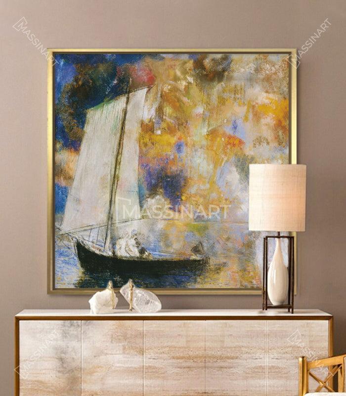Cuadro marino cuadrado en salón moderno — sobre aparador de madera clara, estilo Massinart