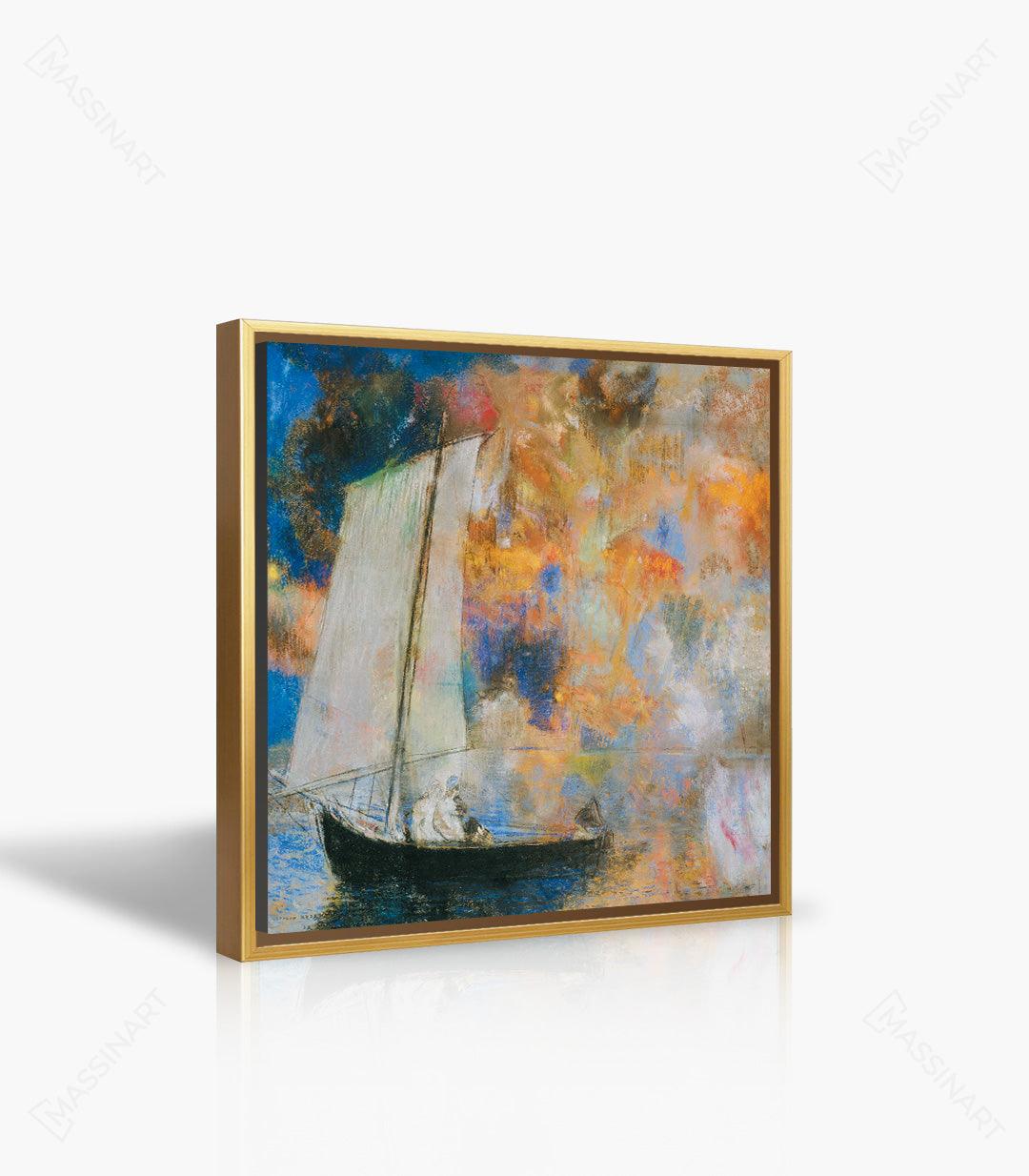 Detalle cuadro velero — textura impresionista en naranja, amarillo y azul, Massinart