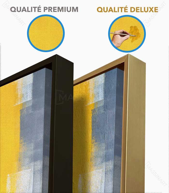 Detalle del marco — cuadro arte abstracto amarillo y gris sobre pared de madera — Massinart