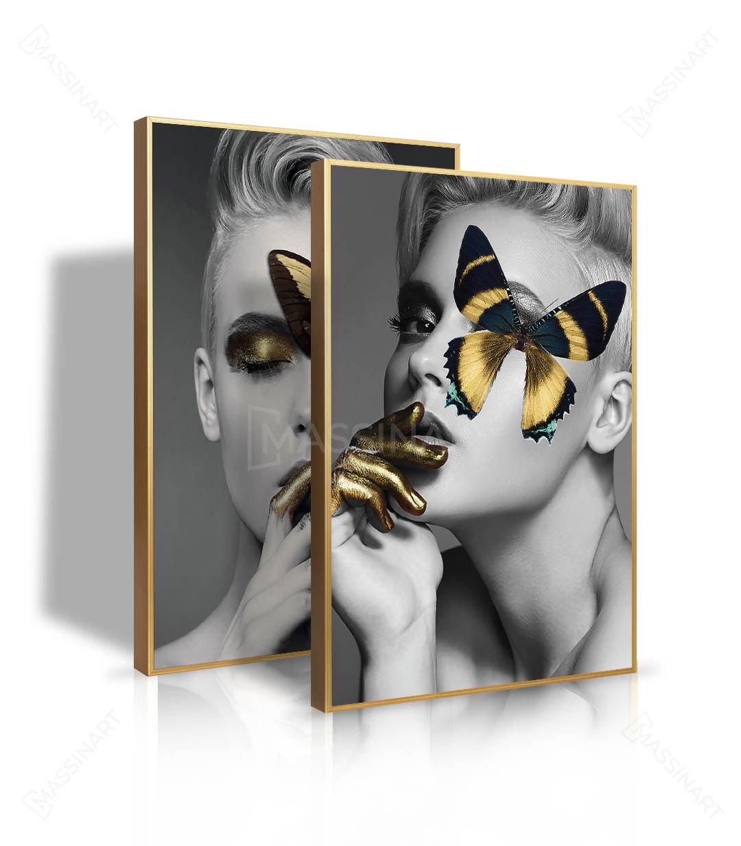 Cuadro Fashion dorado Massinart — díptico retrato femenino en ambientación de salón moderno gris