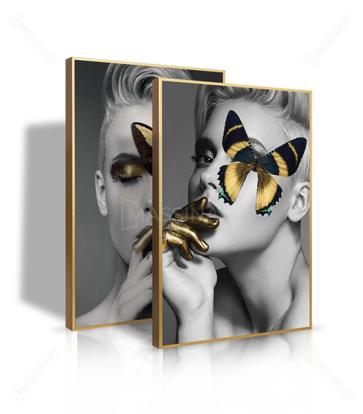 Cuadro Fashion dorado Massinart — díptico retrato femenino en ambientación de salón moderno gris