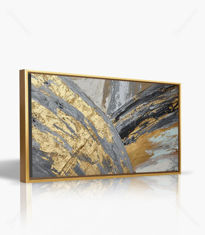 Decoración interior contemporánea con cuadro abstracto horizontal en dorado y gris — Massinart
