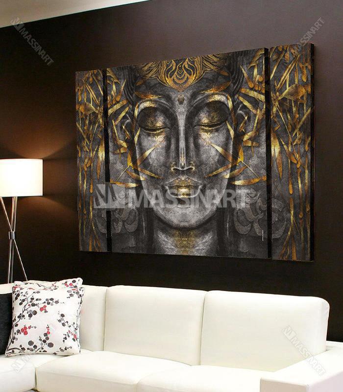 Cuadro tríptico Buda Serenidad Massinart — rostro espiritual en gris y dorado sobre fondo negro geométrico