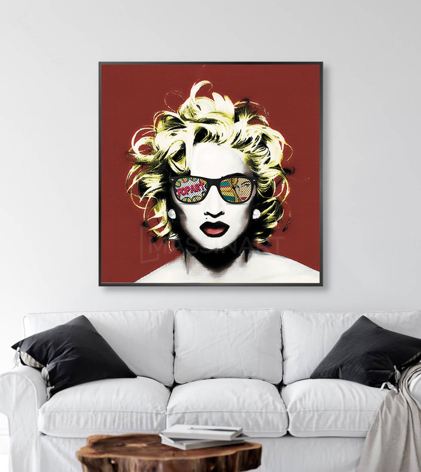 Cuadro pop art Madonna en salón moderno sobre sofá, decoración mural contemporánea, Massinart