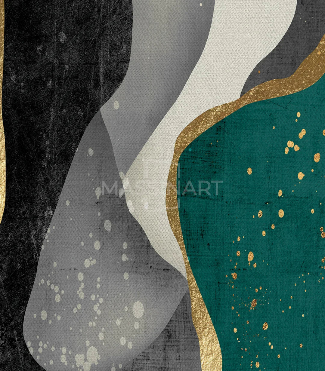 Detalle de formas abstractas en turquesa, dorado y negro del tríptico Massinart