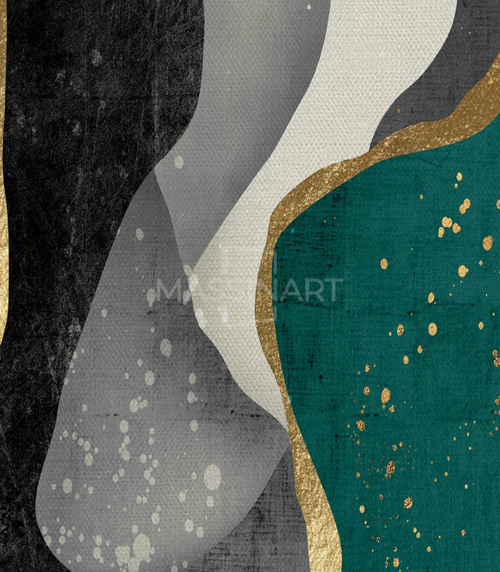 Detalle de formas abstractas en turquesa, dorado y negro del tríptico Massinart