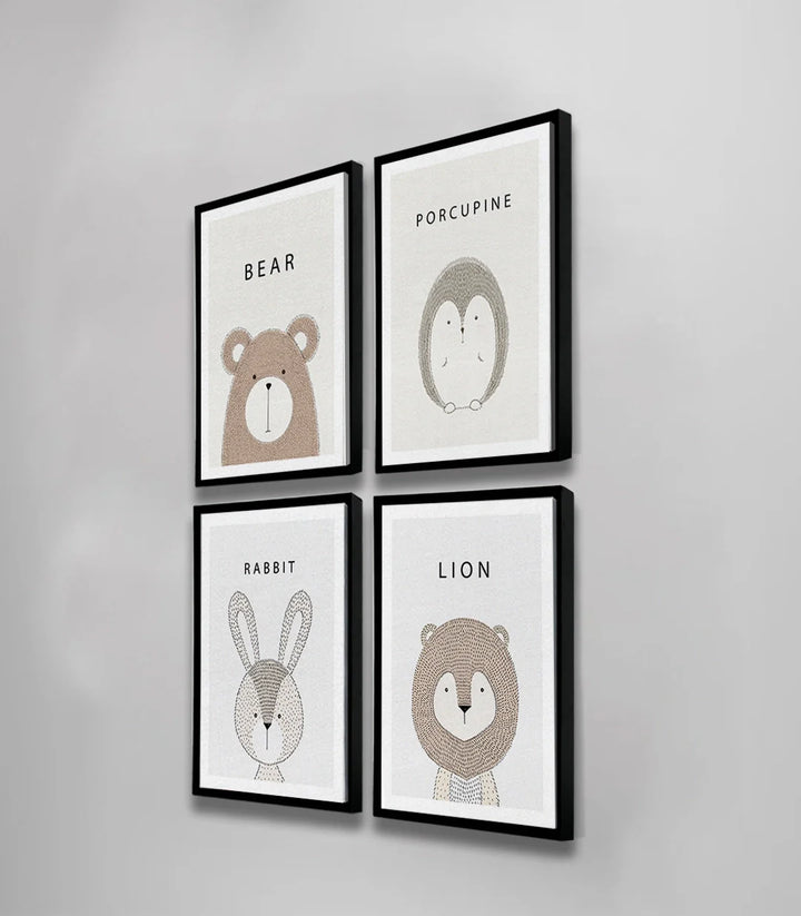 Ambientación habitación bebé – Set de 4 cuadros de animales tiernos decoración pared