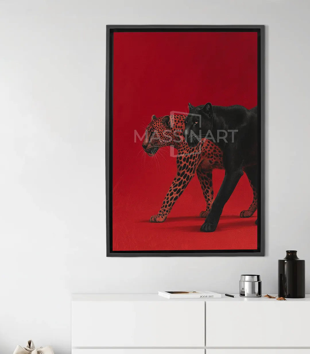 Blood and Shadow – cuadro de leopardo negro con acentos rojos, foto-arte contemporáneo, decoración salón o despacho