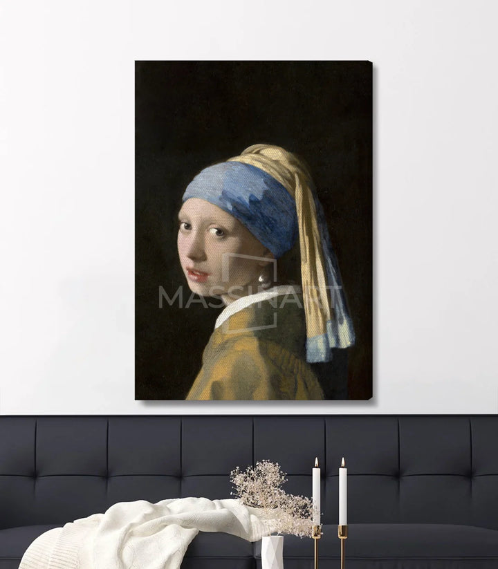 Cuadro La Joven de la Perla con marco negro elegante, detalle acabado, Massinart