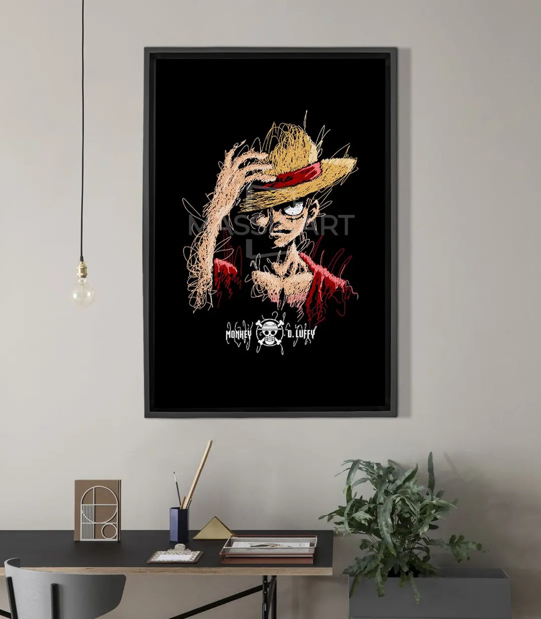 D.Lufi – cuadro expresionista de personaje pirata manga en tonos negros con toques de color, estilo pop-art gaming