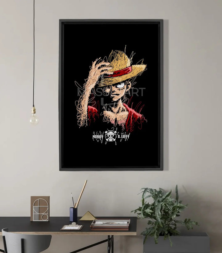 D.Lufi – cuadro expresionista de personaje pirata manga en tonos negros con toques de color, estilo pop-art gaming