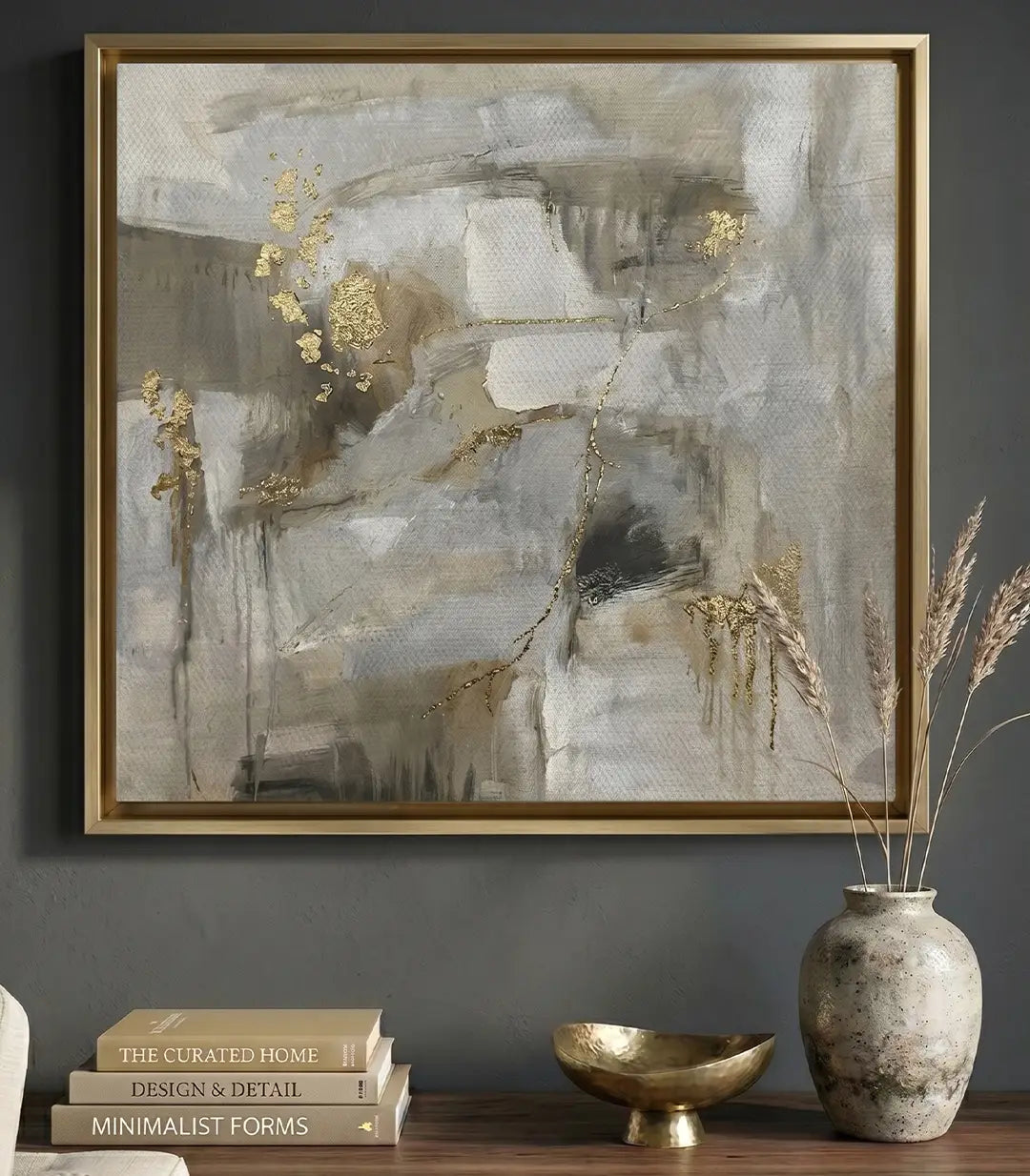 Cuadro Mending abstracto cuadrado en beige y blanco con toques dorados, Massinart
