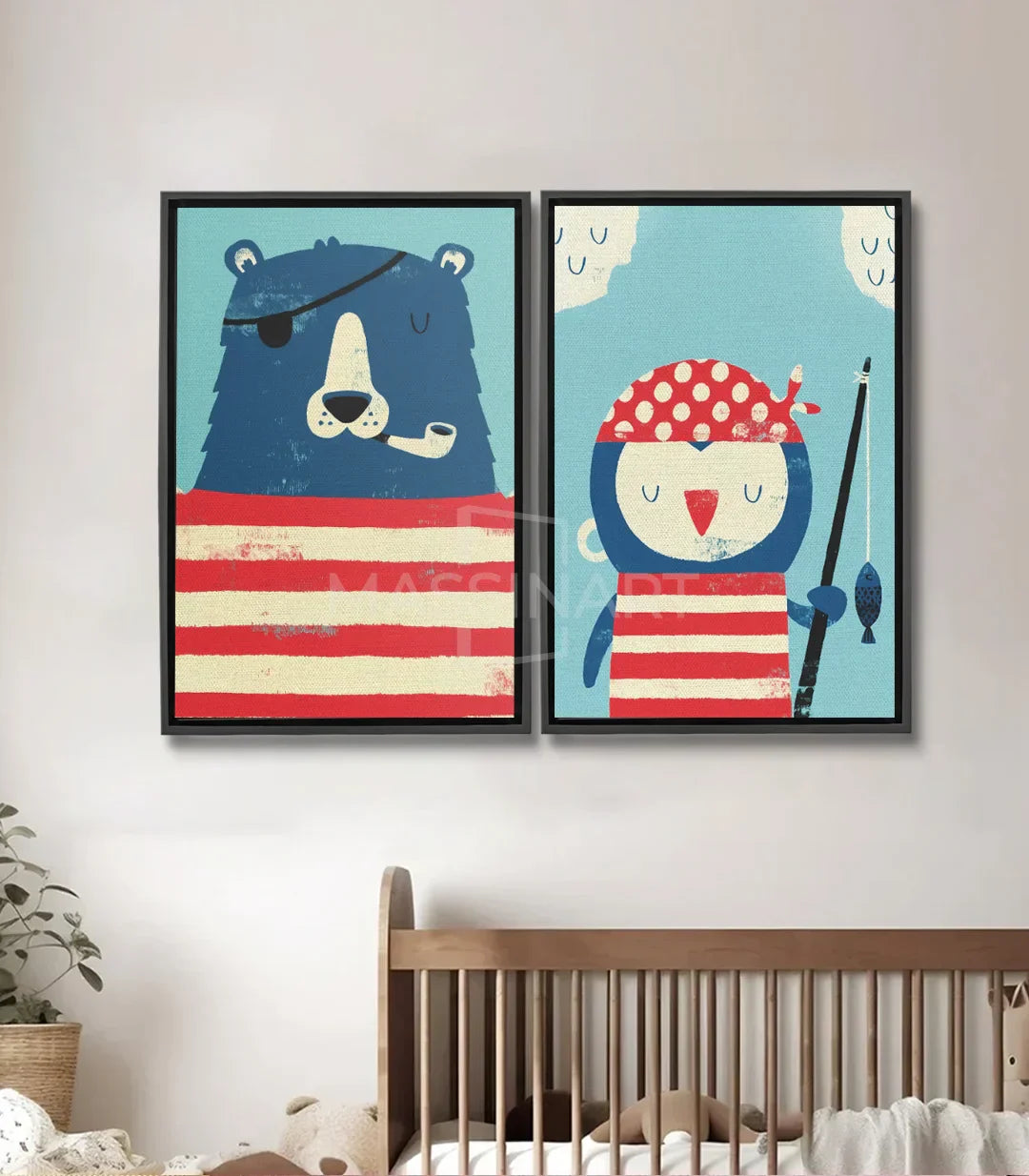 Cuadro infantil oso pirata en azul con rayas rojo y blanco — Massinart