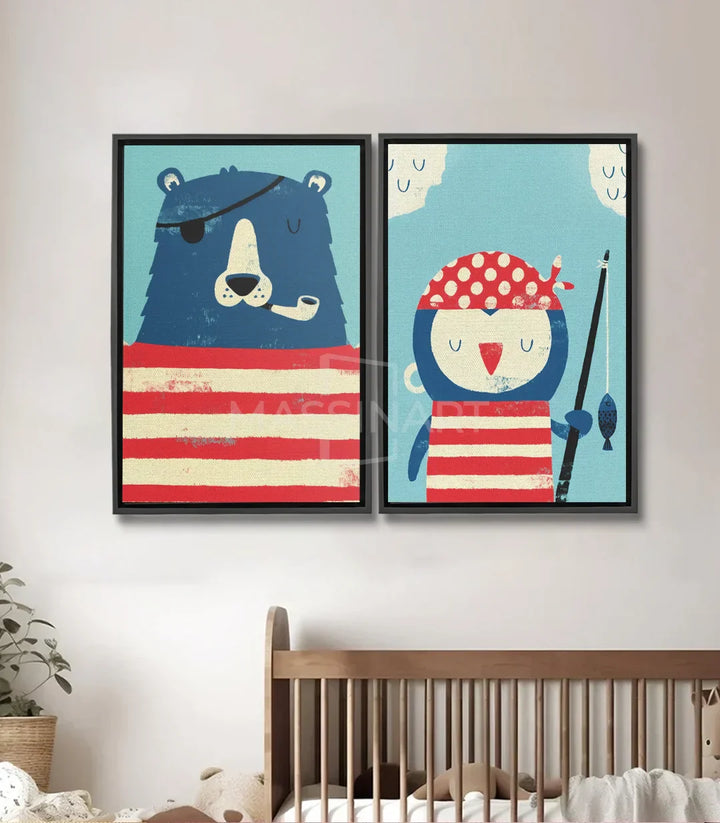 Cuadro infantil oso pirata en azul con rayas rojo y blanco — Massinart