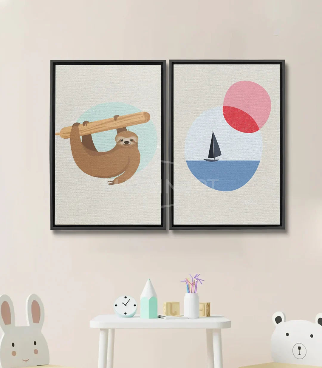 Cuadro Lazy Koala díptico — koala con catalejo, velero azul y sol rosa, estilo minimalista Massinart
