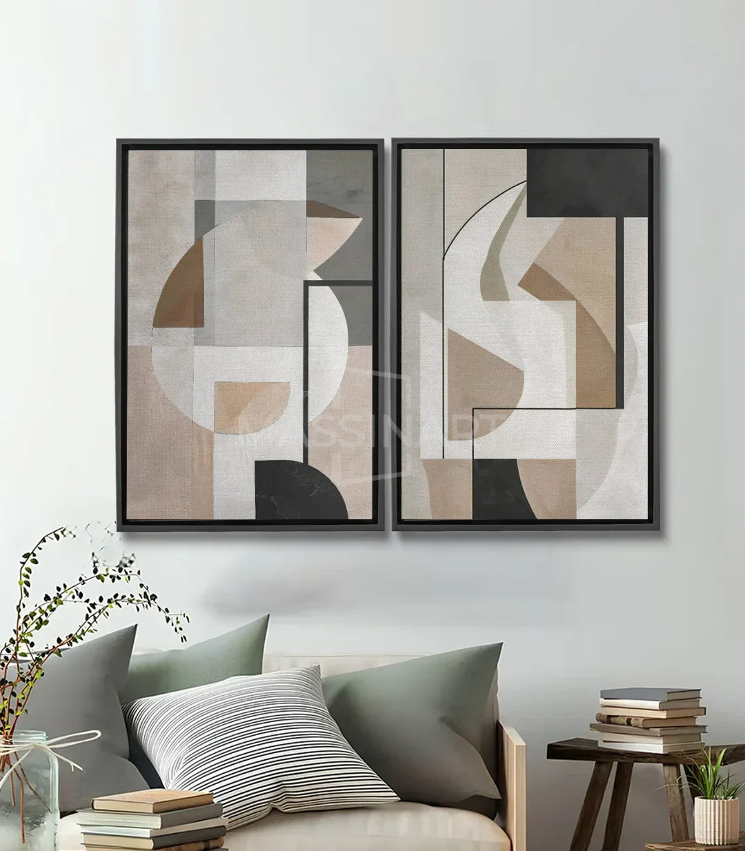 Cuadro Geometric Nuances díptico — composición abstracta minimalista beige taupe negro Massinart