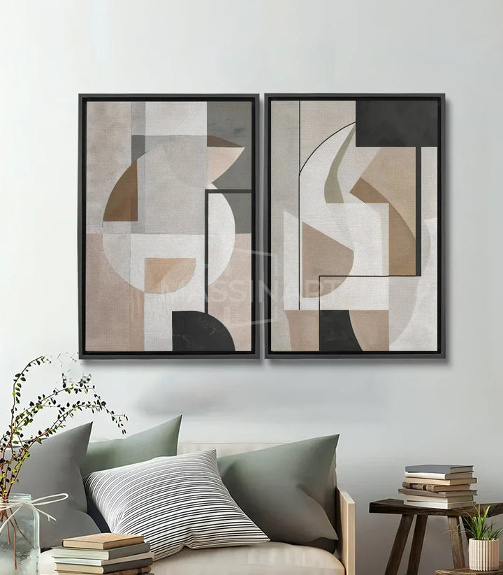 Cuadro Geometric Nuances díptico — composición abstracta minimalista beige taupe negro Massinart