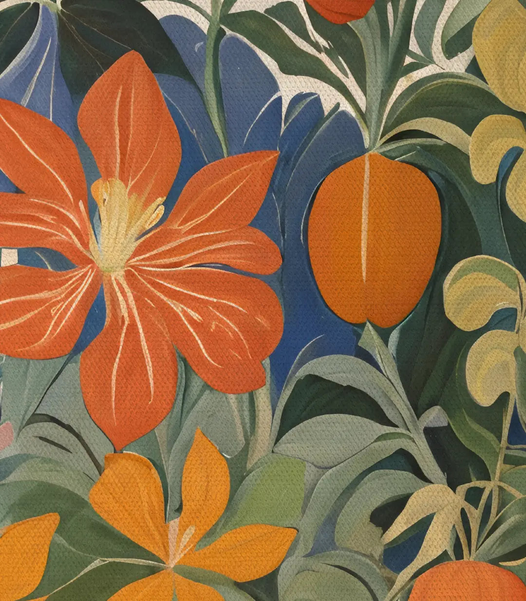 Cuadro Bloomtide tonos azul, naranja, dorado y follaje verde en salón — Massinart