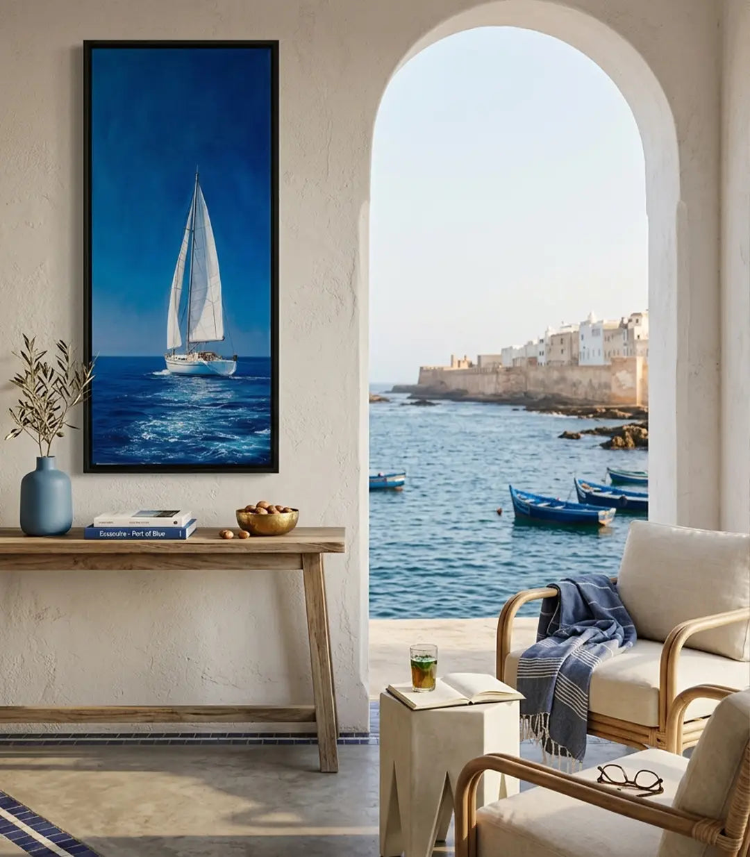 Cuadro Voyage Massinart — simulación en salón moderno junto al mar