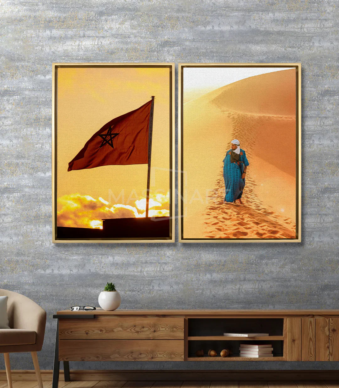 Cuadro bandera marroquí al atardecer dorado — ambiente salón moderno, Massinart
