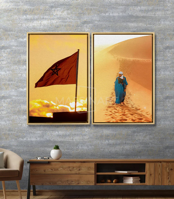 Cuadro bandera marroquí al atardecer dorado — ambiente salón moderno, Massinart